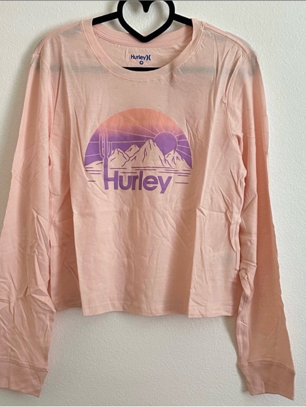 Hurley Pink Mountain Sunset Cactus Graphic Long Sleeve Cotton Tee Size M